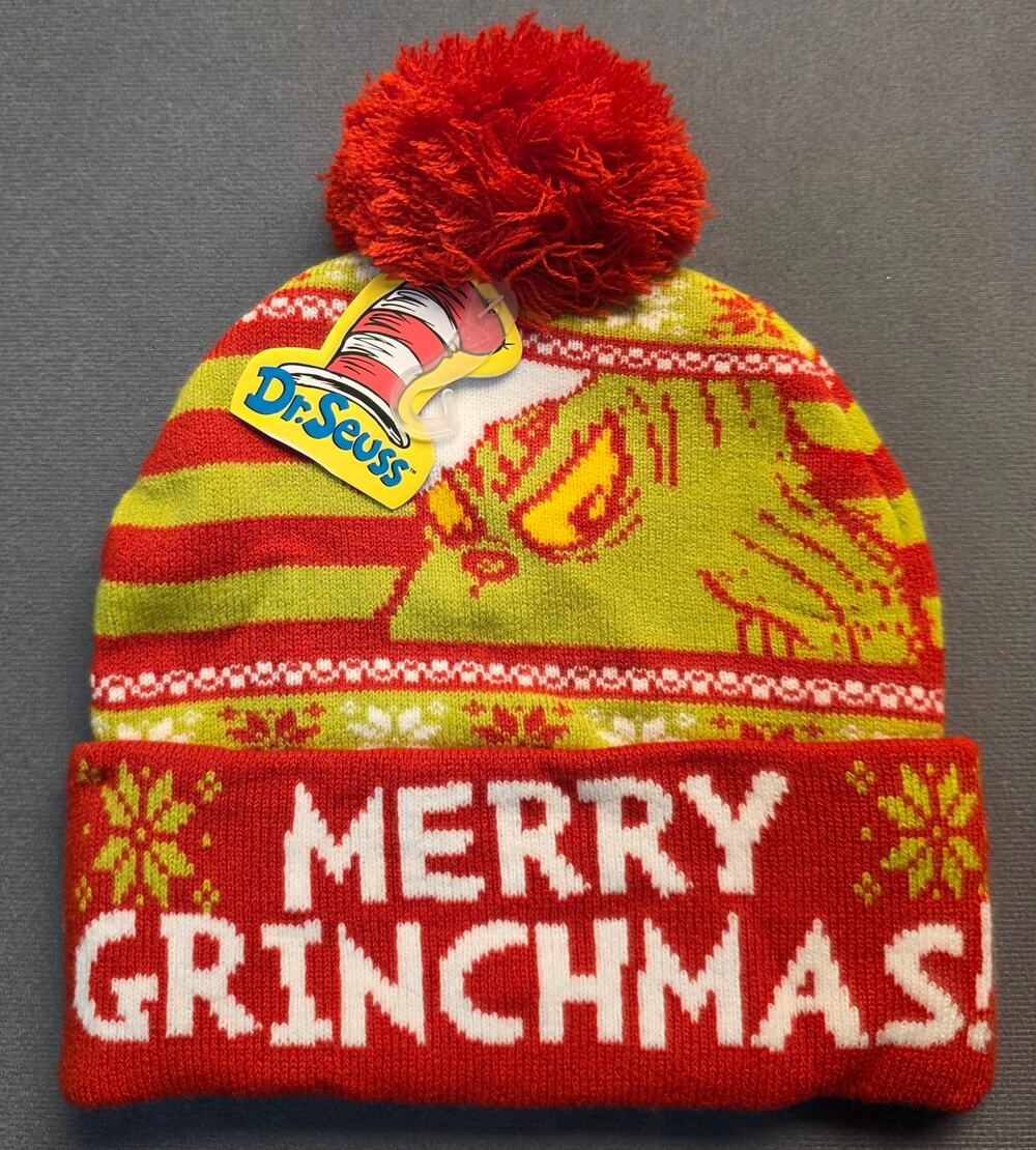 New Dr Seuss The Grinch Merry Grinchmas Knit Winter Beanie Hat Pom Adult